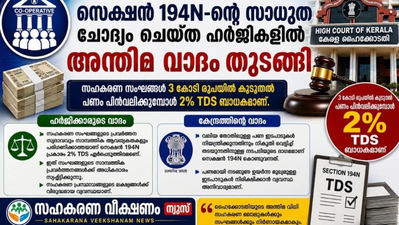  ₹3 കോടിക്ക് മുകളിലുള്ള പണം പിൻവലിക്കുമ്പോൾ 2% TDS; സെക്ഷൻ 194N-ന്റെ സാധുത ചോദ്യം ചെയ്ത ഹർജികളിൽ അന്തിമ വാദം തുടങ്ങി ,സഹകരണ സംഘങ്ങൾക്ക് നിർണായകമായ സെക്ഷൻ 194N ഹൈക്കോടതിയിൽ അന്തിമ വാദം