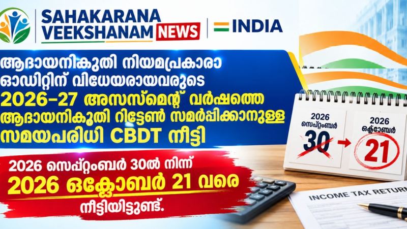 ആദായനികുതി നിയമപ്രകാരം ഓഡിറ്റിന് വിധേയരായവരുടെ 2026–27 അസസ്‌മെന്റ് വർഷത്തെ ആദായനികുതി റിട്ടേൺ സമർപ്പിക്കാനുള്ള സമയപരിധി CBDT നീട്ടി